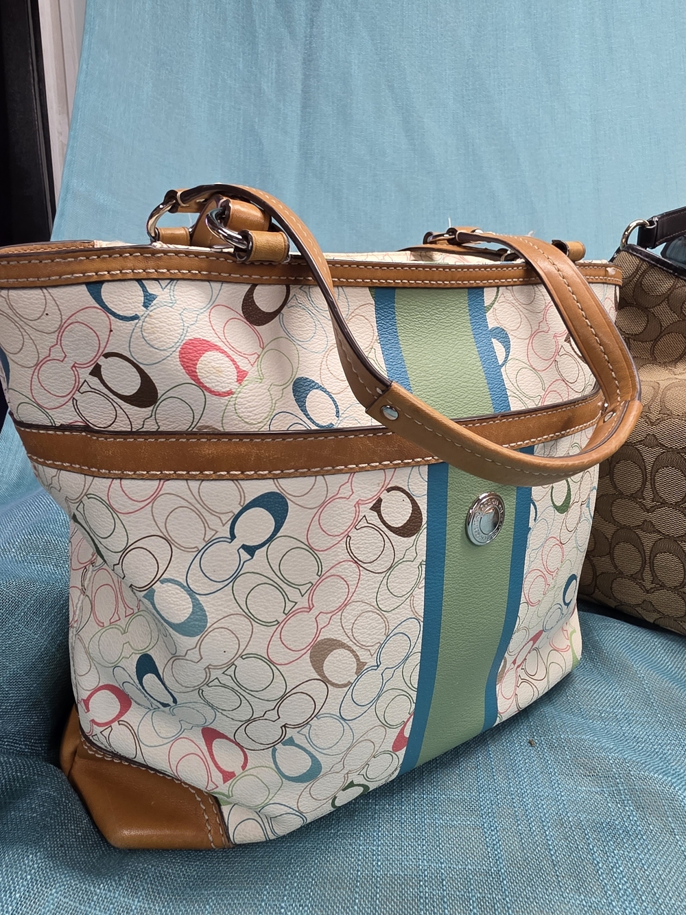 Coach Multicolor Signature Tote with Tan Leather Trim